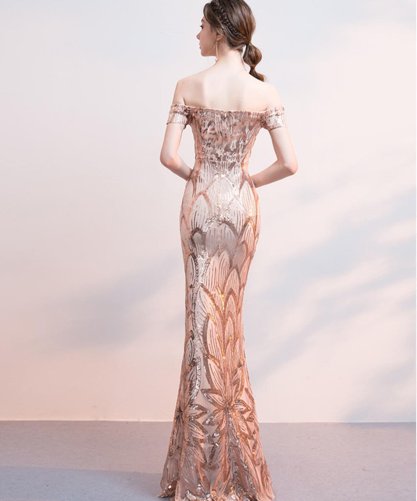 Off Shoulder Rose Gold Sequin Mermaid Long Evening Prom Dresses, Evening Party Prom Dresses, 12324