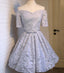 Off Shoulder Short Sleeve Gray Lace Cute Homecoming Prom Dresses, Affordable Short Party Prom Dresses, Perfect Homecoming Dresses, CM304