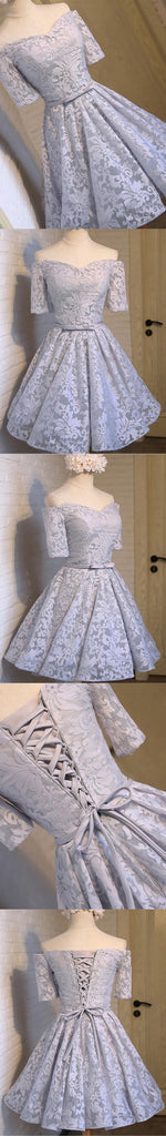 Off Shoulder Short Sleeve Gray Lace Cute Homecoming Prom Dresses, Affordable Short Party Prom Dresses, Perfect Homecoming Dresses, CM304
