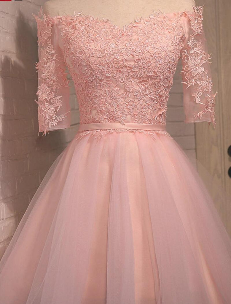 Off Shoulder Short Sleeve Pink Lace Cute Homecoming Prom Dresses, Affordable Short Party Prom Dresses, Perfect Homecoming Dresses, CM306