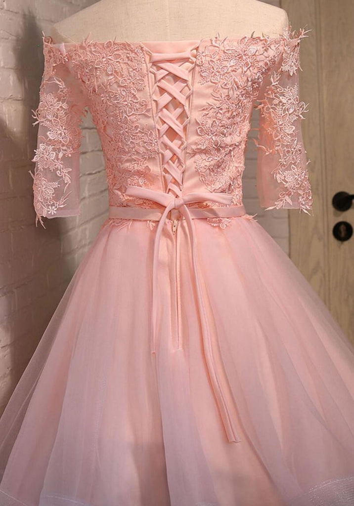 Off Shoulder Short Sleeve Pink Lace Cute Homecoming Prom Dresses, Affordable Short Party Prom Dresses, Perfect Homecoming Dresses, CM306