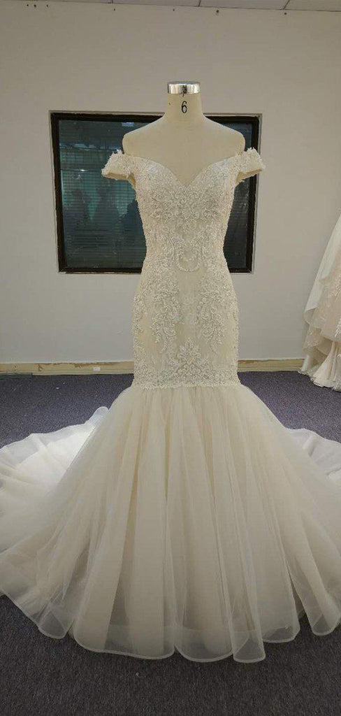 Off The Shoulder Embroidery Mermaid Wedding Dresses, Cheap Wedding Gown, WD680