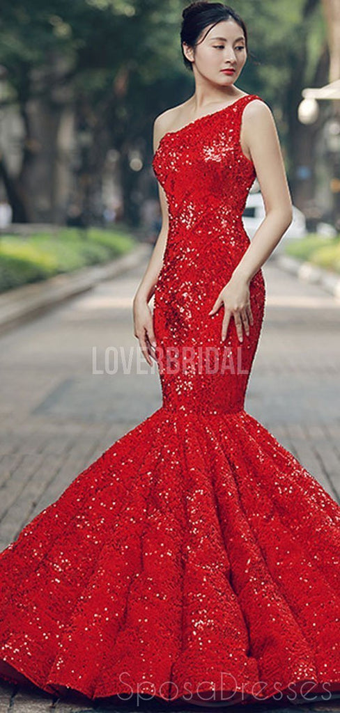 One Shoulder Red Sequin Mermaid Evening Prom Dresses, Evening Party Prom Dresses, 12267