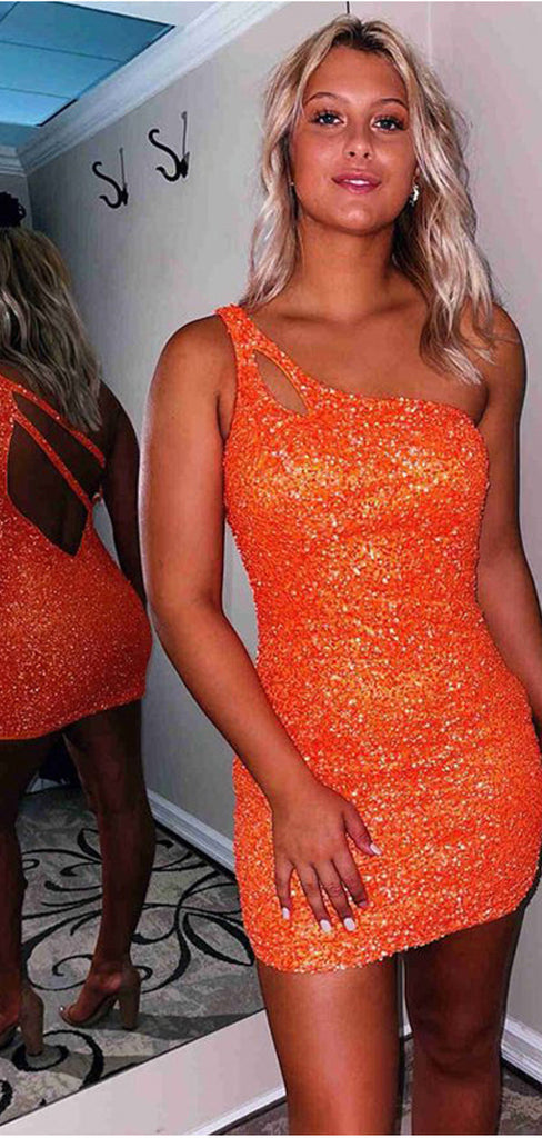 Orange One Shoulder Short Homecoming Dresses,Cheap Short Prom Dresses,CM942