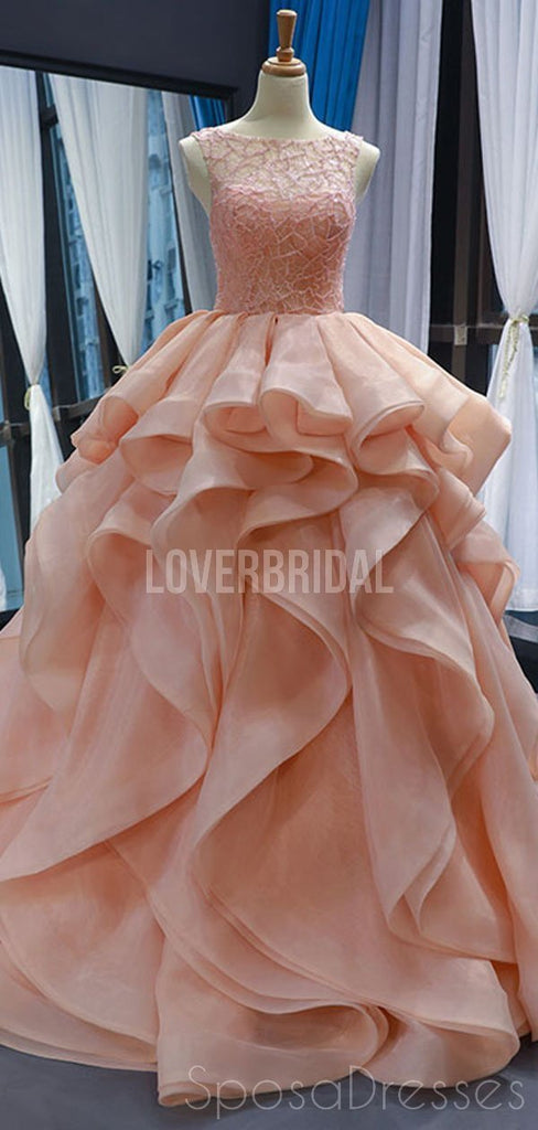 Peach Lace Beaded Ruffle Ball Gown Evening Prom Dresses, Evening Party Prom Dresses, 12253