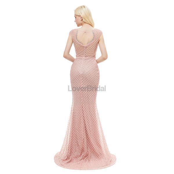 Peach Seen Through Cap-Sleves Lace Beaded Mermaid Evening Prom Dresses, Evening Party Prom Dresses, 12046