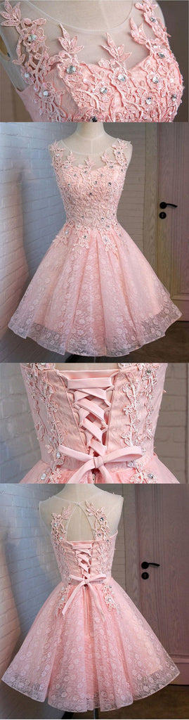 Pink Open Back Lace Beaded Cute Homecoming Prom Dresses, Affordable Short Party Prom Dresses, Perfect Homecoming Dresses, CM320