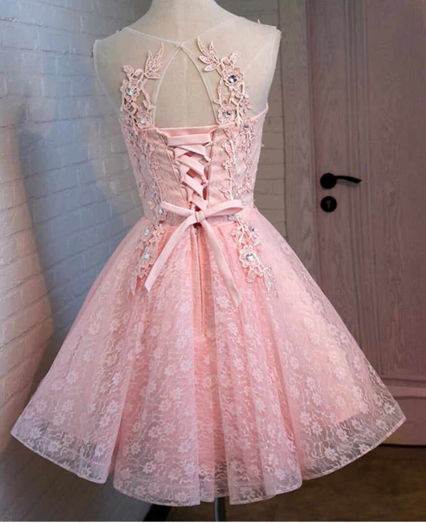Pink Open Back Lace Beaded Cute Homecoming Prom Dresses, Affordable Short Party Prom Dresses, Perfect Homecoming Dresses, CM320