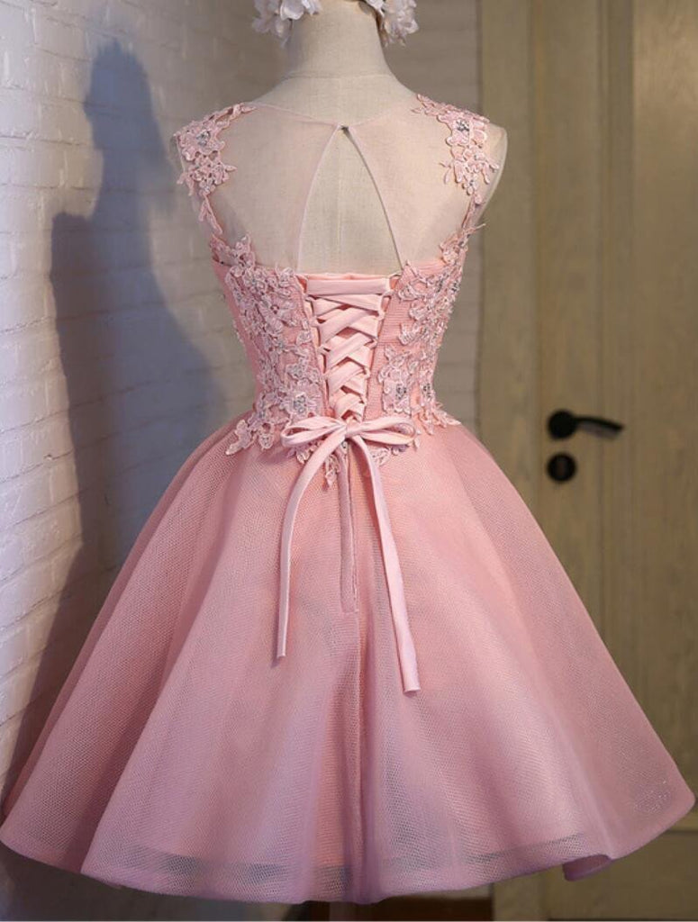 Pink See Through Lace Cute Homecoming Prom Dresses, Affordable Short Party Prom Dresses, Perfect Homecoming Dresses, CM308