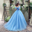 Popular Off Shoulder Blue A line Long Evening Prom Dresses, 17523