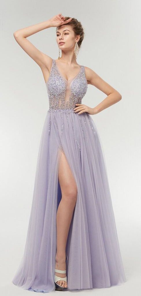 Purple A-line V-neck See Through High Slit Long Party Prom Dresses Online,12366