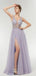 Purple A-line V-neck See Through High Slit Long Party Prom Dresses Online,12366