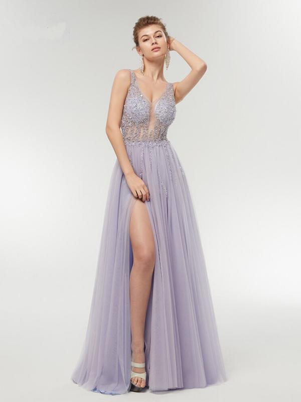 Purple A-line V-neck See Through High Slit Long Party Prom Dresses Online,12366
