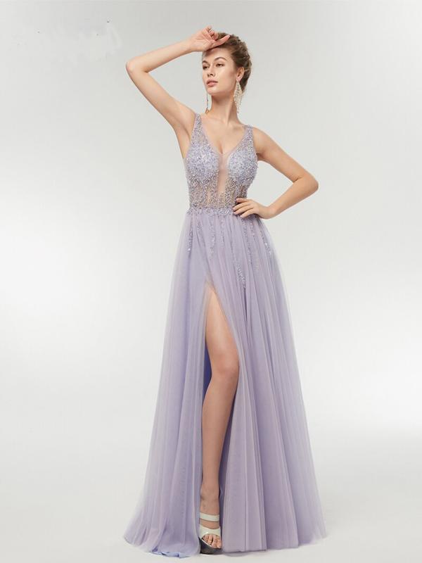 Purple A-line V-neck See Through High Slit Long Party Prom Dresses Online,12366