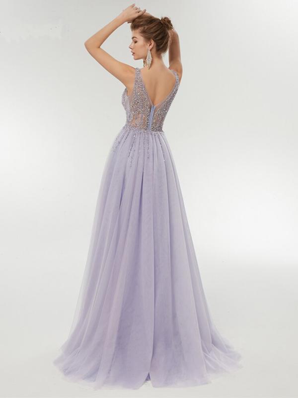 Purple A-line V-neck See Through High Slit Long Party Prom Dresses Online,12366
