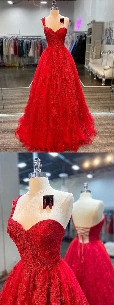 Red A-line One Shoulder Cheap Long Prom Dresses Online,12882
