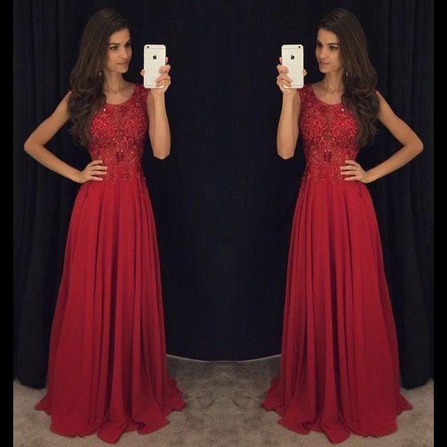 Red Cheap Formal A Line Modest Floor Length Chiffon Prom Dress, WG287