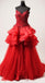 Red Lace Beaded Ruffles A-line Long Evening Prom Dresses, Evening Party Prom Dresses, 12306