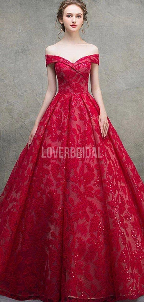 Red Off Shoulder Lace Ball Gown Long Evening Prom Dresses, Evening Party Prom Dresses, 12216