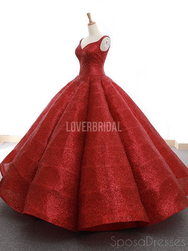 Red V Neck Sparkly Ball Gown Evening Prom Dresses, Evening Party Prom Dresses, 12264