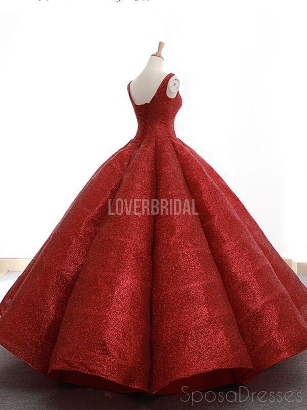 Red V Neck Sparkly Ball Gown Evening Prom Dresses, Evening Party Prom Dresses, 12264