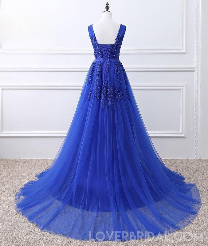 Royal Blue V Neck Lace Beaded Applique Long Evening Prom Dresses, Cheap Sweet 16 Dresses, 18426