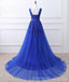Royal Blue V Neck Lace Beaded Applique Long Evening Prom Dresses, Cheap Sweet 16 Dresses, 18426