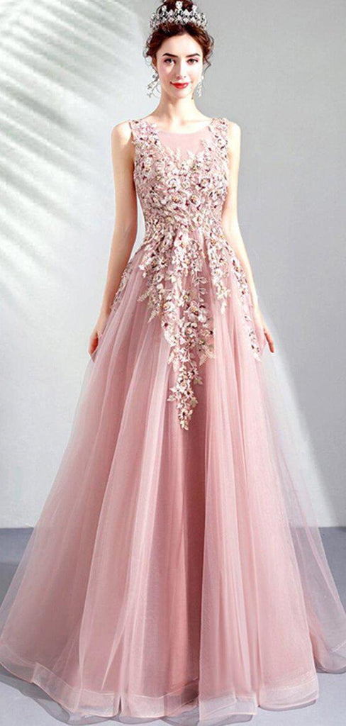 Scoop Lace Beaded Pink Long Evening Prom Dresses, Evening Party Prom Dresses, 12286