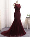 Scoop Maroon Lace Beaded Mermaid Long Evening Prom Dresses, Evening Party Prom Dresses, 12165