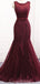 Scoop Maroon Lace Beaded Mermaid Long Evening Prom Dresses, Evening Party Prom Dresses, 12165