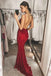 Sexy Backless Spaghetti Straps Dark Red Mermaid Long Evening Prom Dresses, Evening Party Prom Dresses, 12314