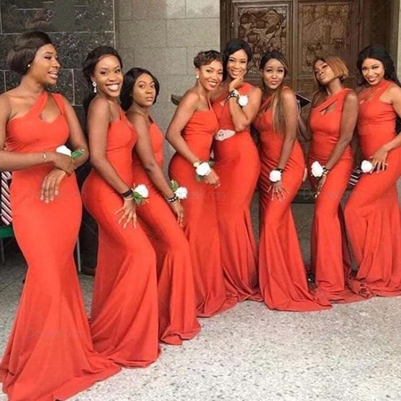 Sexy Long Mermaid Orange One Shoulder Bridesmaid Dresses Gown Online,WG914