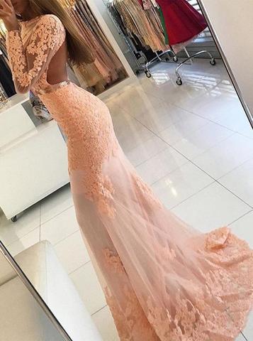 Sexy Long Sleeve Backless See Through Peach Lace Beaded Long Evening Prom Dresses, Popular Cheap Long Party Prom Dresses, 17307