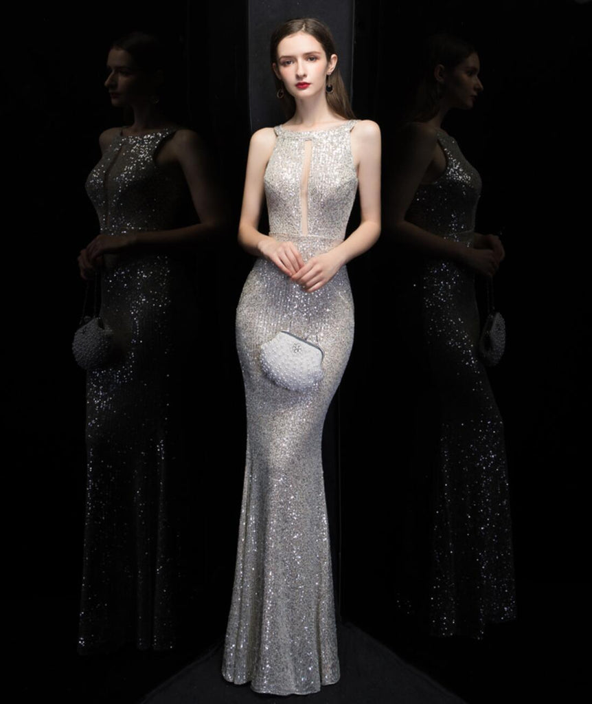 Sexy Mermaid V Neck Sequin Long Evening Prom Dresses, Evening Party Prom Dresses, 12321