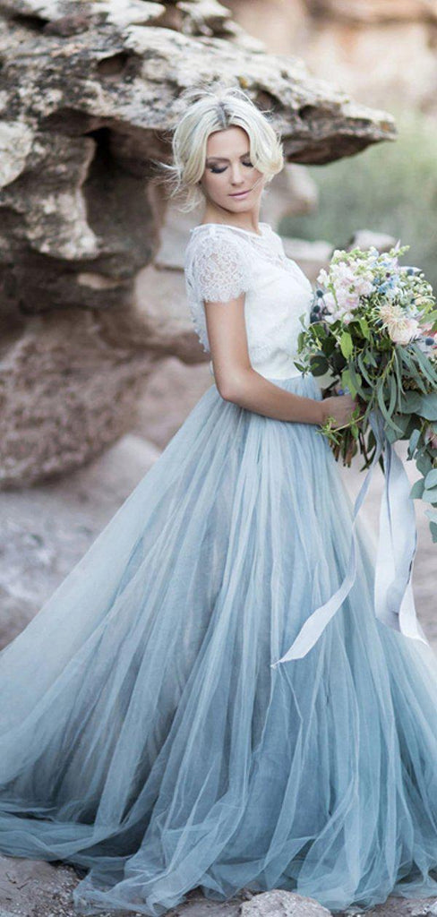 Short Sleeves Blue Skirt Cheap Wedding Dresses Online, Cheap Bridal Dresses, WD658