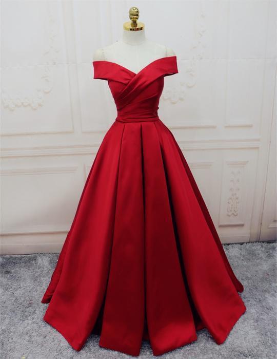 Simple Red Off Shoulder A line Long Custom Evening Prom Dresses, 17418