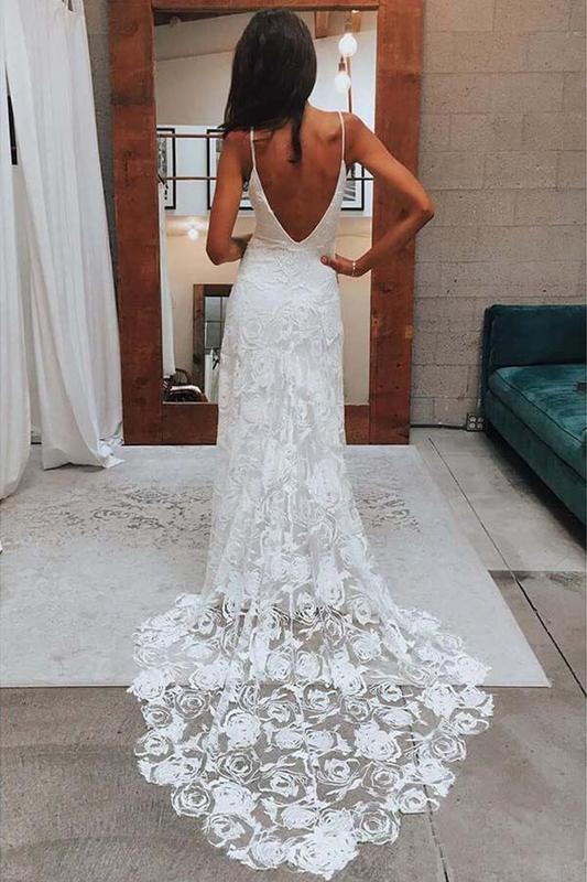 Spaghetti Straps Backless Long Mermaid Lace Wedding Dresses,WD747