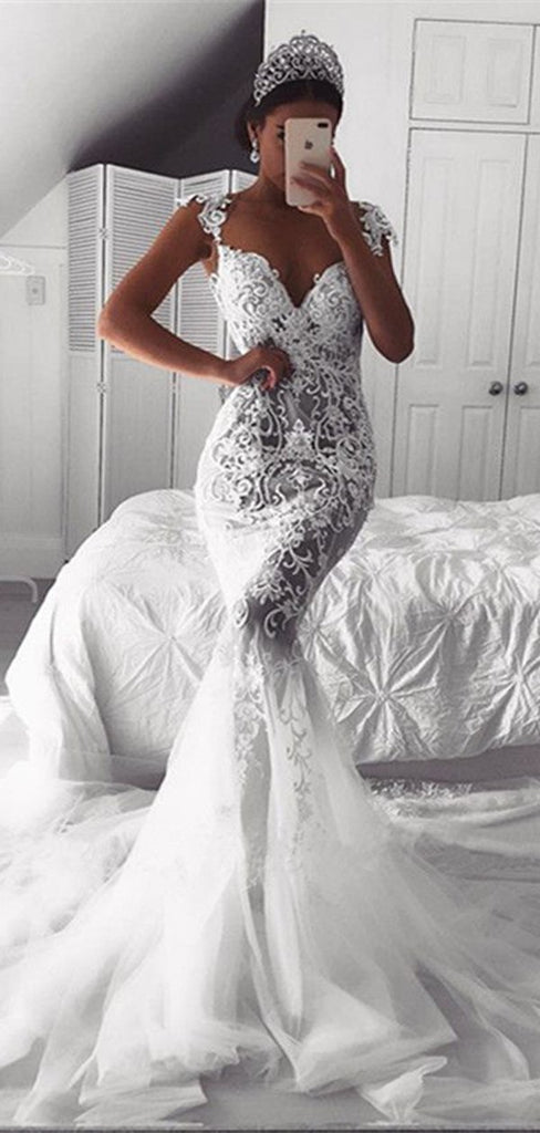 Spaghetti Straps Backless V-neck Long Mermaid Wedding Dresses,WD726