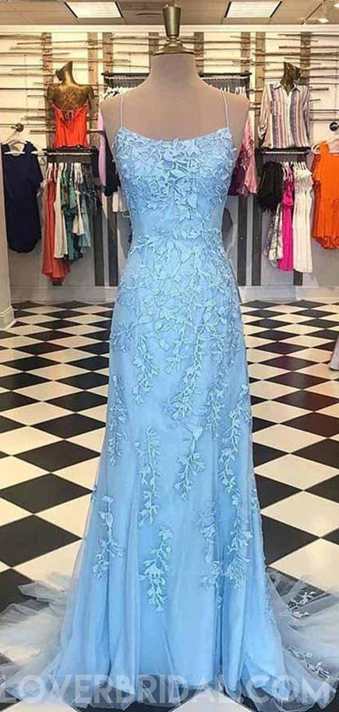 Spaghetti Straps Blue Lace Mermaid Long Evening Prom Dresses, Cheap Custom Sweet 16 Dresses, 18460