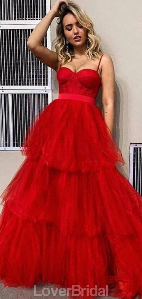 Spaghetti Straps Red Ruffle A-line Tulle Long Evening Prom Dresses, Evening Party Prom Dresses, 12181