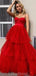 Spaghetti Straps Red Ruffle A-line Tulle Long Evening Prom Dresses, Evening Party Prom Dresses, 12181