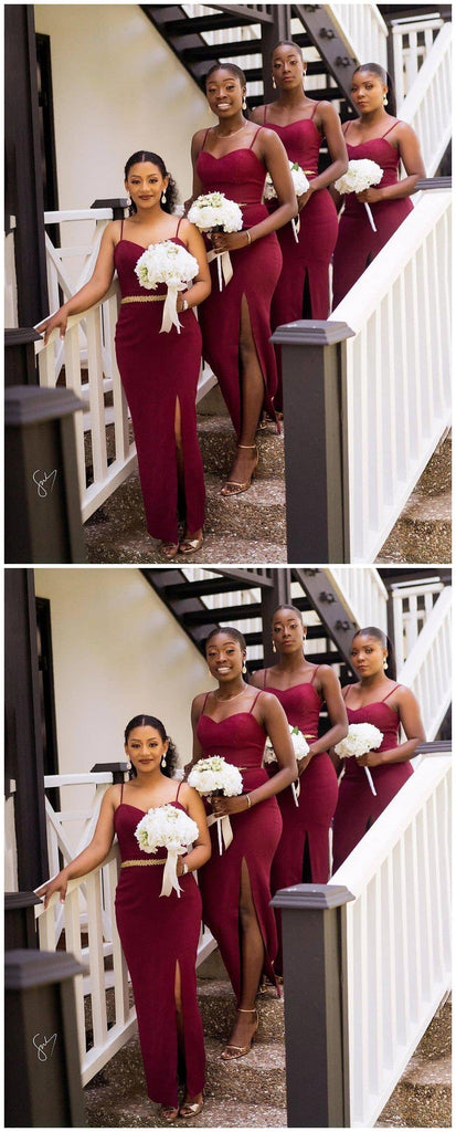 Spaghetti Straps Side Slit Maroon Mermaid Cheap Long Cheap Bridesmaid Dresses Online, WG650