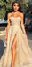 Sparkly A-line Gold One Shoulder High Slit Long Party Prom Dresses Online,12373