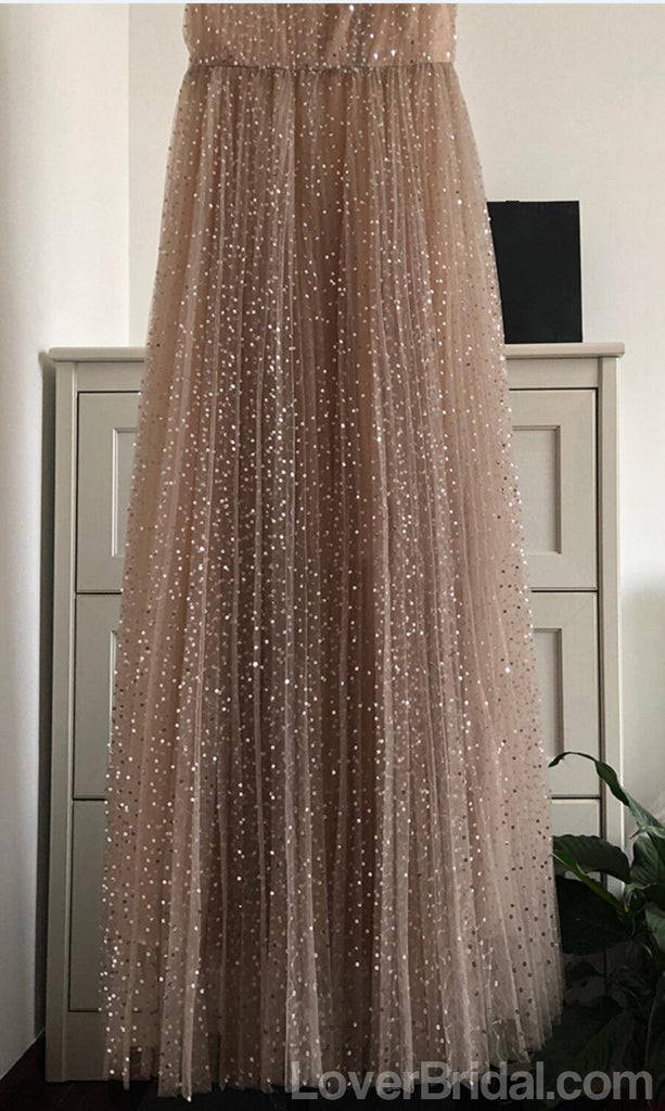 Straps Sparkly Gold A-line Long Evening Prom Dresses, Cheap Custom Sweet 16 Dresses, 18569