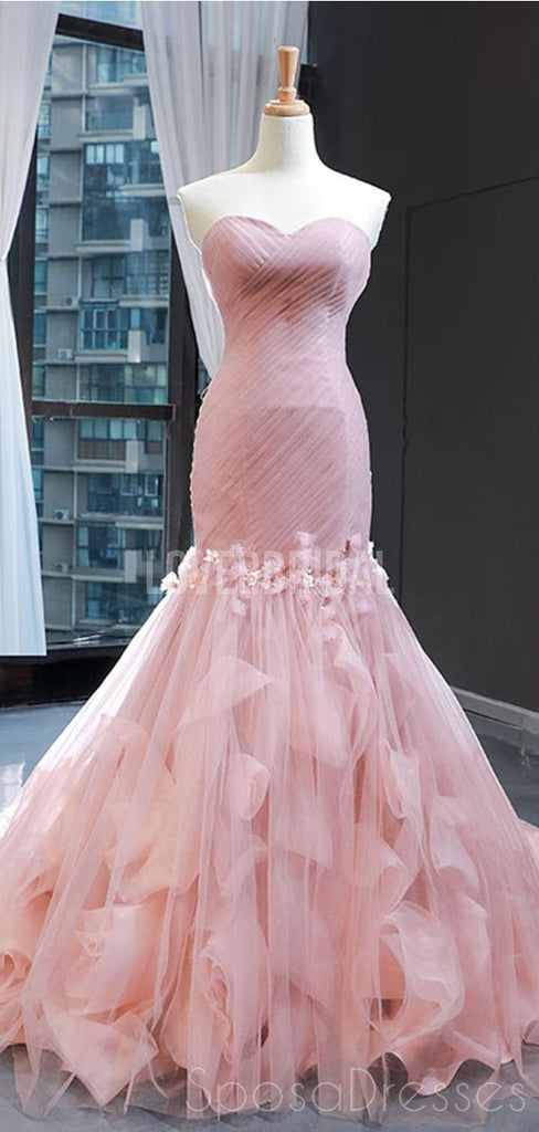 Sweetheart Mermaid Peach Ruffles Flower Evening Prom Dresses, Evening Party Prom Dresses, 12256