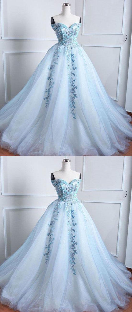Sweetheart Pale Blue Lace Beaded Cheap Long Evening Prom Dresses, Cheap Sweet 16 Dresses, 18373