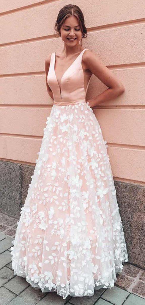 V Neck Flower Skirt Lace Wedding Dresses, Cheap Wedding Gown, WD675