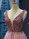 V Neck Peach Rhinestone Beaded Long Evening Prom Dresses, Evening Party Prom Dresses, 12242