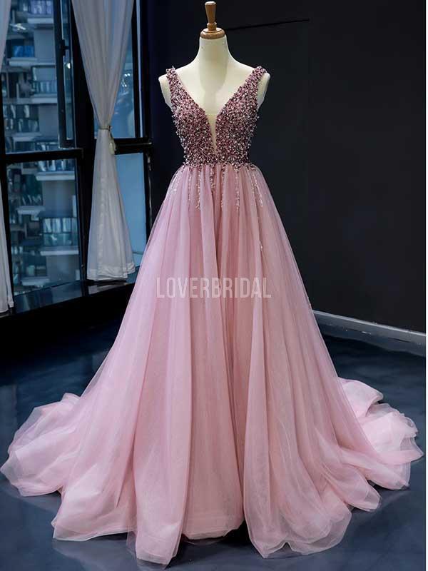 V Neck Peach Rhinestone Beaded Long Evening Prom Dresses, Evening Party Prom Dresses, 12242
