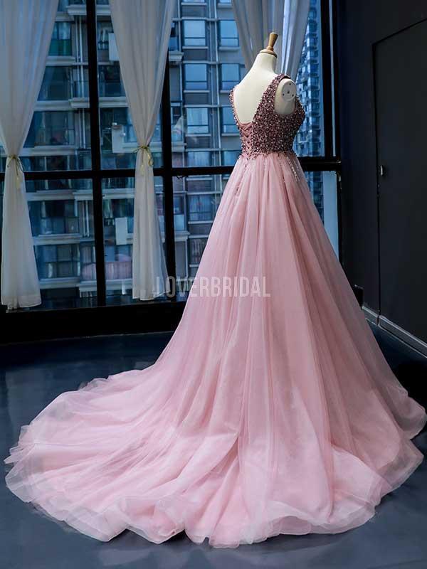 V Neck Peach Rhinestone Beaded Long Evening Prom Dresses, Evening Party Prom Dresses, 12242